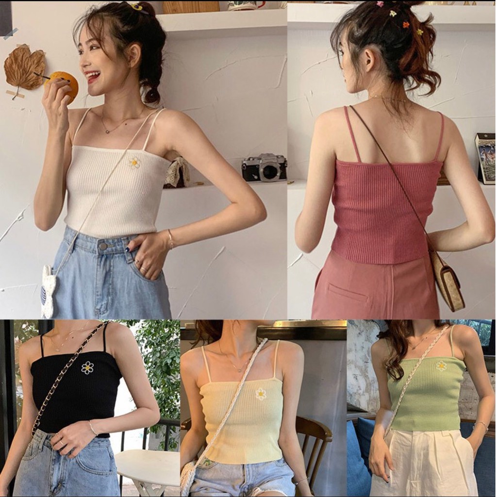 [SẴN] ÁO CROPTOP LEN GÂN HAI DÂY DỆT KIM THÊU HOA CÚC /CHZZ