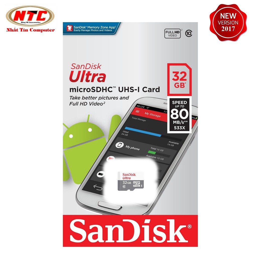 Thẻ nhớ MicroSDHC SanDisk Ultra 32GB Class 10 80MB/s (Xám)