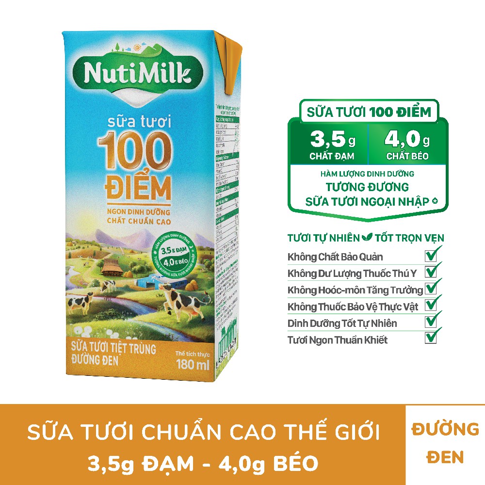 Thùng 48 hộp NutiMilk ST 100 điểm - ST tiệt trùng Đường đen Hộp 180 mL/hộp