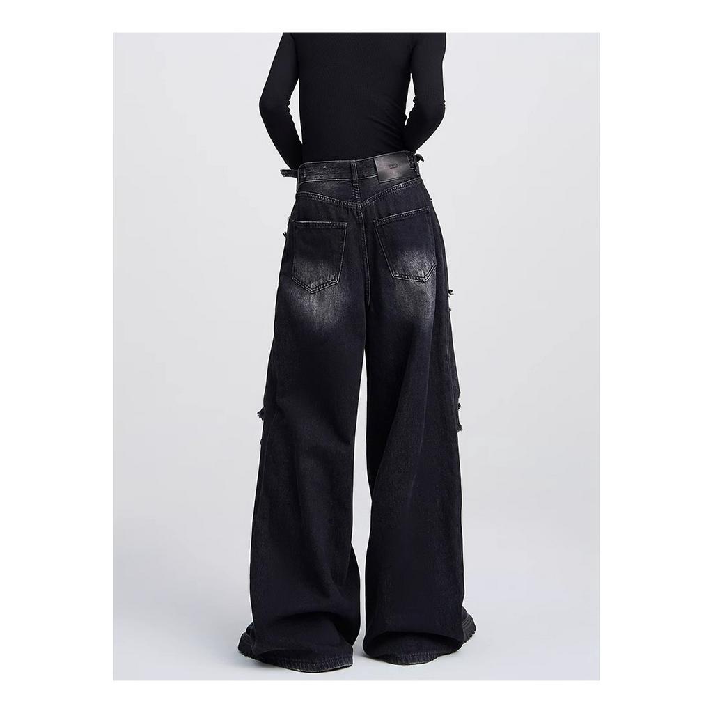 Quần Jean Dài Lưng Cao Ống Rộng Phối Rách Kiểu Retro Đường Phố Mỹ Thời Trang Mùa Hè Cho Nữ