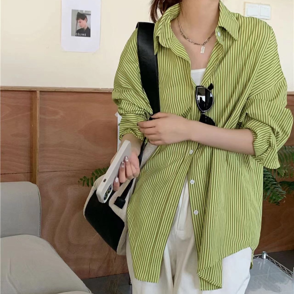 Áo sơ mi SUXI tay dài dáng rộng họa tiết kẻ sọc thời trang mùa hè cho nữ