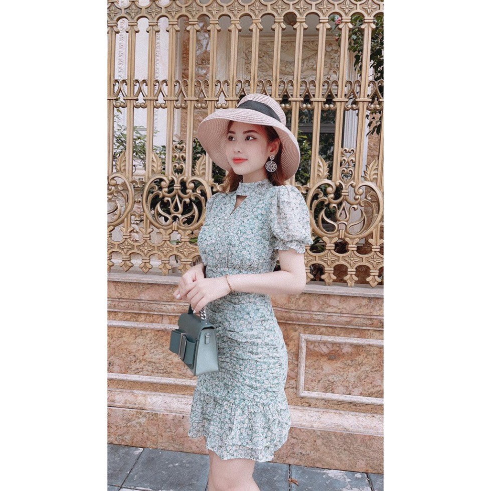 Váy xanh hoa nhí nhún eo V1880 - Đầm nữ đẹp dự tiệc DVC Fashion kèm ảnh thật