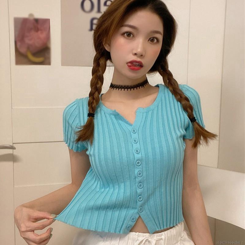 Áo Croptop Dệt Kim Tay Ngắn Màu Trơn Thiết Kế Đơn Giản Hợp Thời Trang