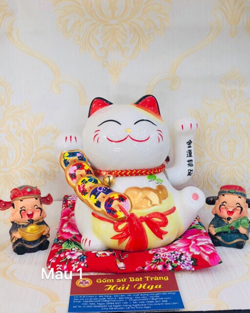 Mèo thần tài may mắn Maneki Neko 16cm vẫy tay (kèm hộp và đệm)