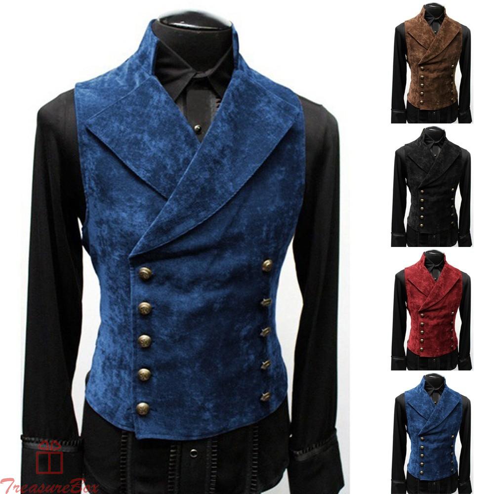 Mens Retro Lapel Button Vest Medieval Handsome Fashion Double Breasted Coat
