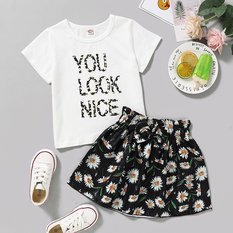 mikrdoo Kid Toddler Baby Girl Clothes Set Letters Print Short Sleeve T-shirt Top + Floral Print Skirt 2PCS Fashion Suit