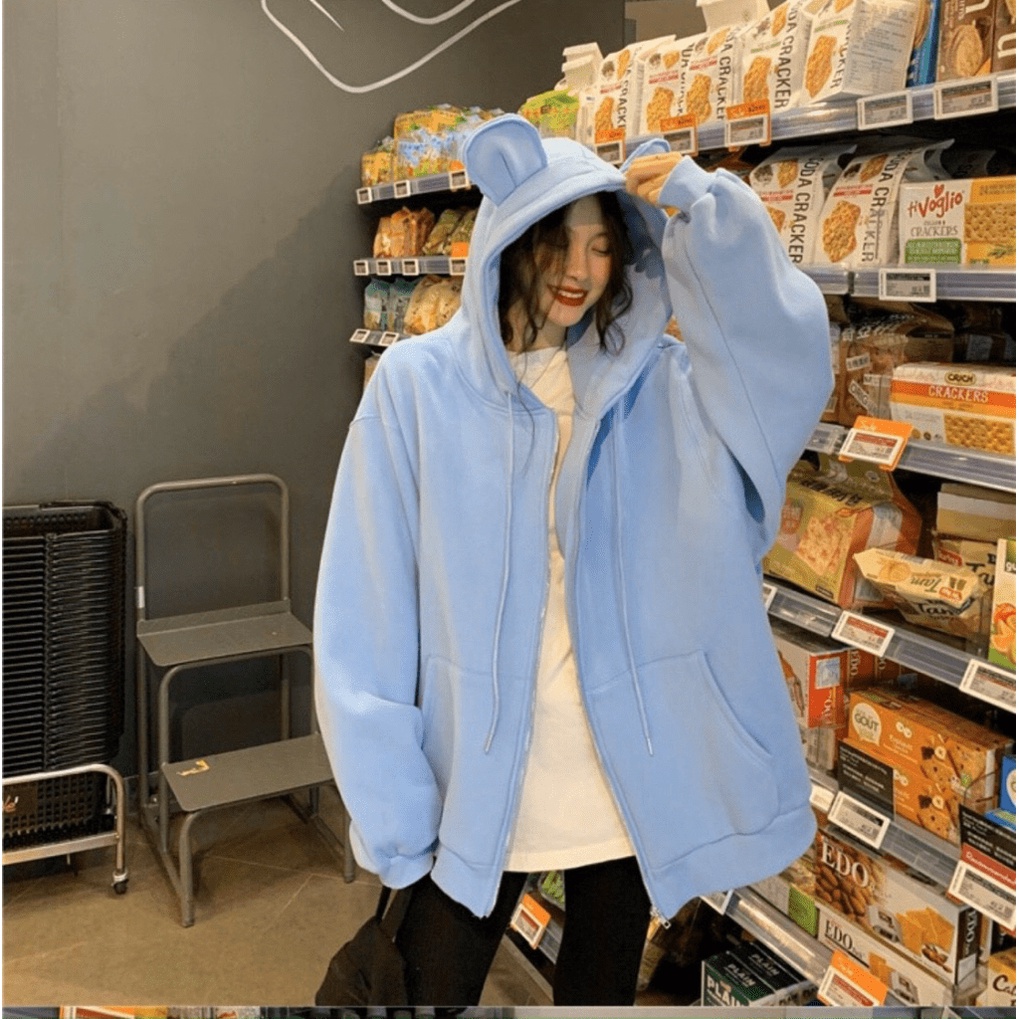 Áo khoác nữ Hoodie form rộng Khóa Dây Kéo Ngoại Trơn Tai Thỏ bông mềm TP [NewUnisex]