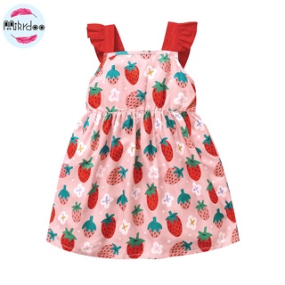Đầm hai dây MIKRDOO viền bèo bằng cotton in họa tiết quả dâu cho bé gái 1-6 tuổi