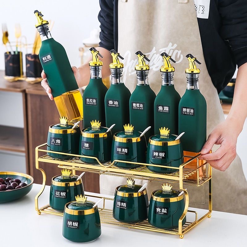 Bộ gia vị sứ xanh viền vàng 11 | 15 chi tiết nắp hình vương miệng hoàng gia