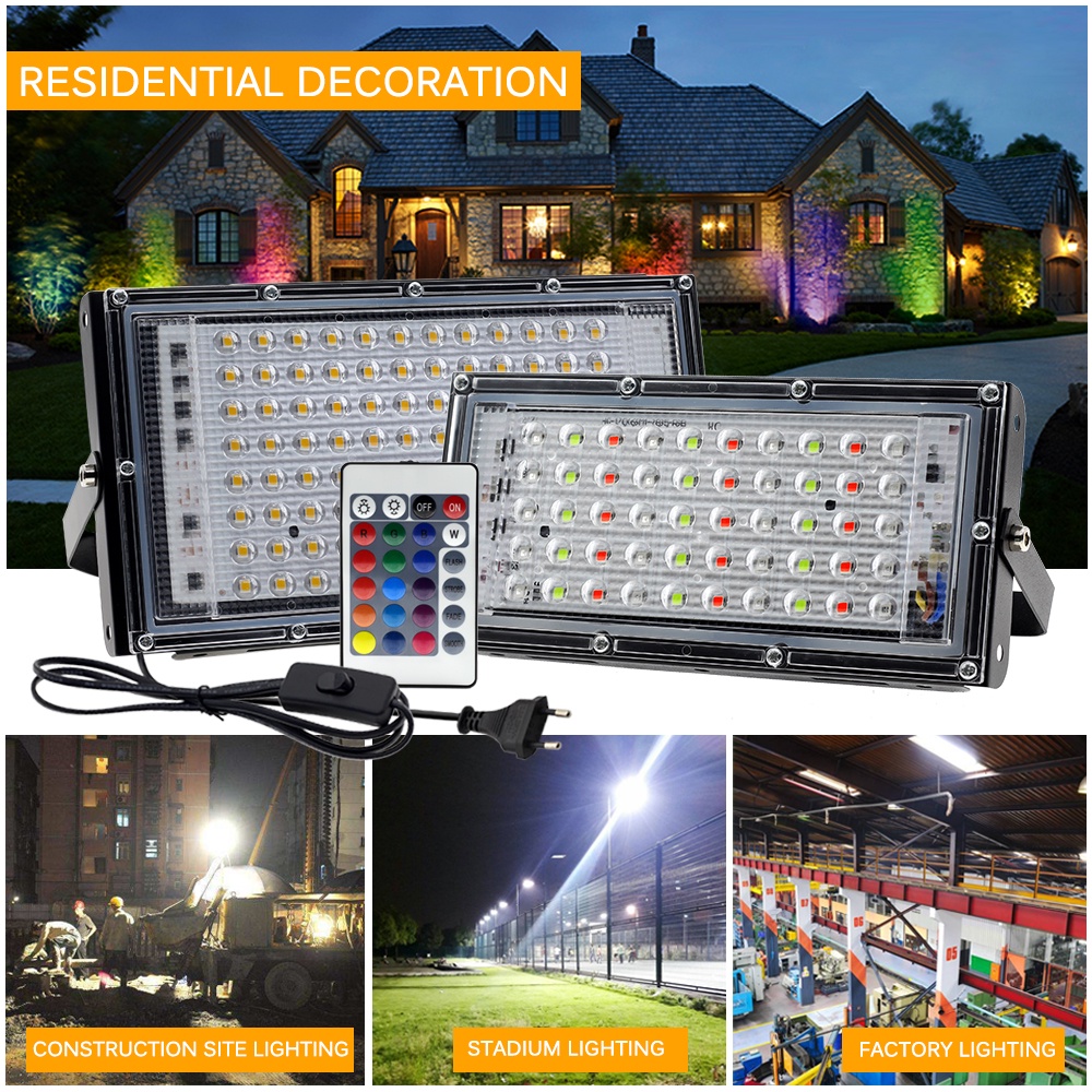 Đèn Rbg 50W 100W RGB / trắng / trắng ấm chống thấm nước IP66 với điều khiển từ xa 24 phím chuyên dùng