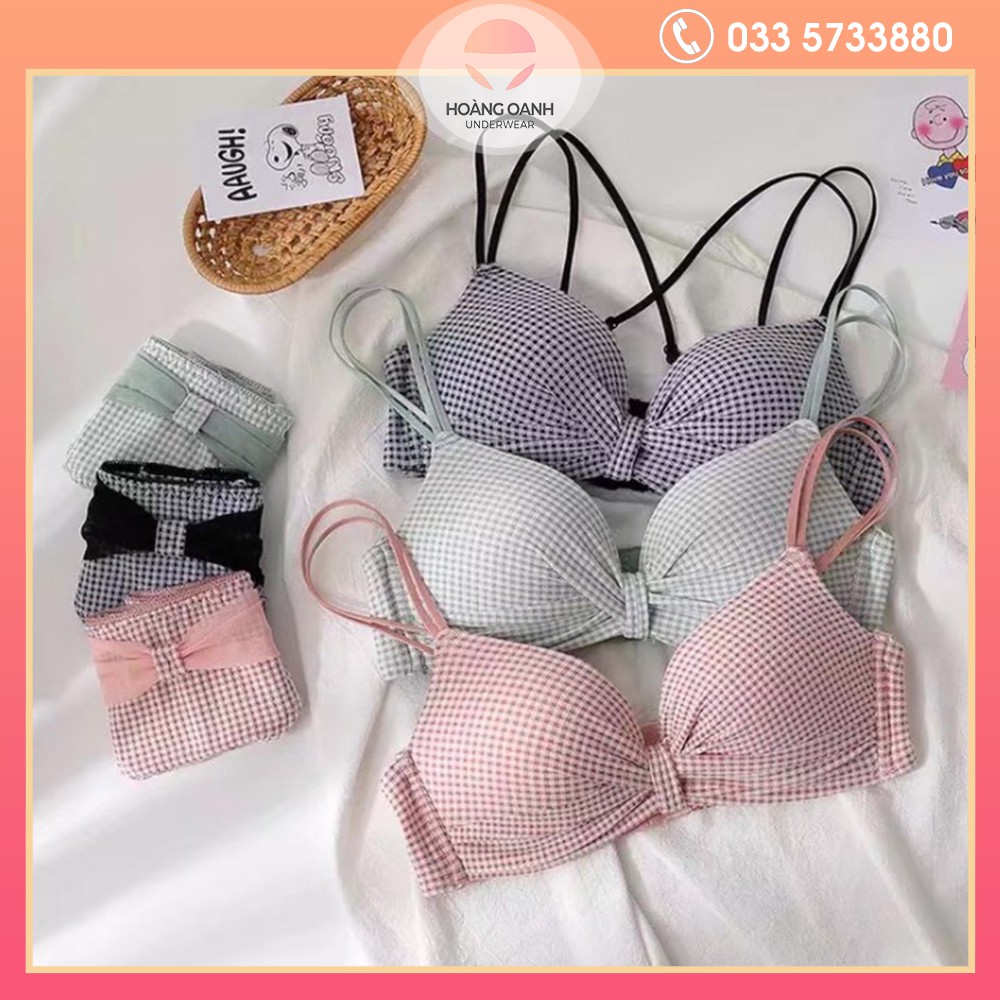 Bộ đồ lót Hoàng Oanh Underwear, set nội y cotton thấm hút mồ hôi cao cấp - bộ kẻ caro