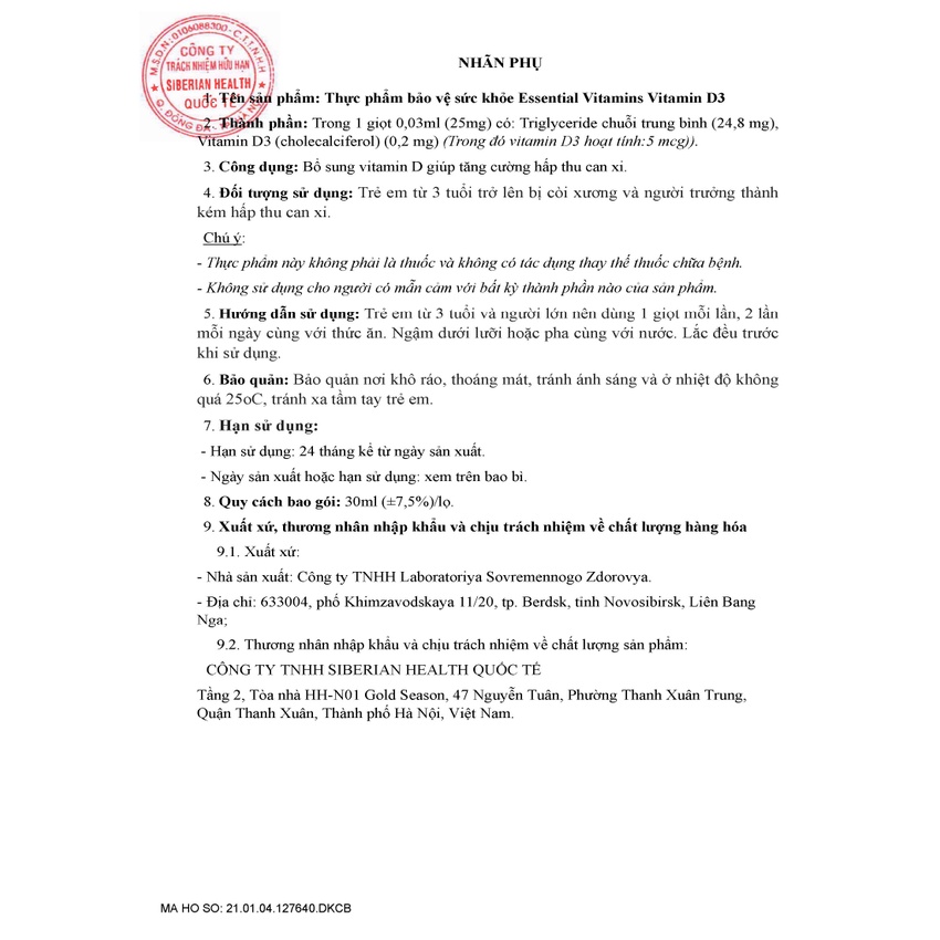 Vitamin D3 - Siberian Wellness - Tăng chiều cao, khớp xương mềm dẻo, xương chắc khỏe