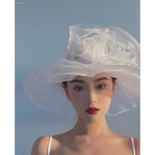 Mũ Organza phối ren hoa màu trắng kiểu Hepburn