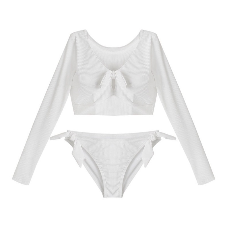 Bikini Đồ tắm đi biển 2 mảnh màu trắng áo tay dài cột nơ mix quần chip sexy cá tính 2522 K5T4-1
