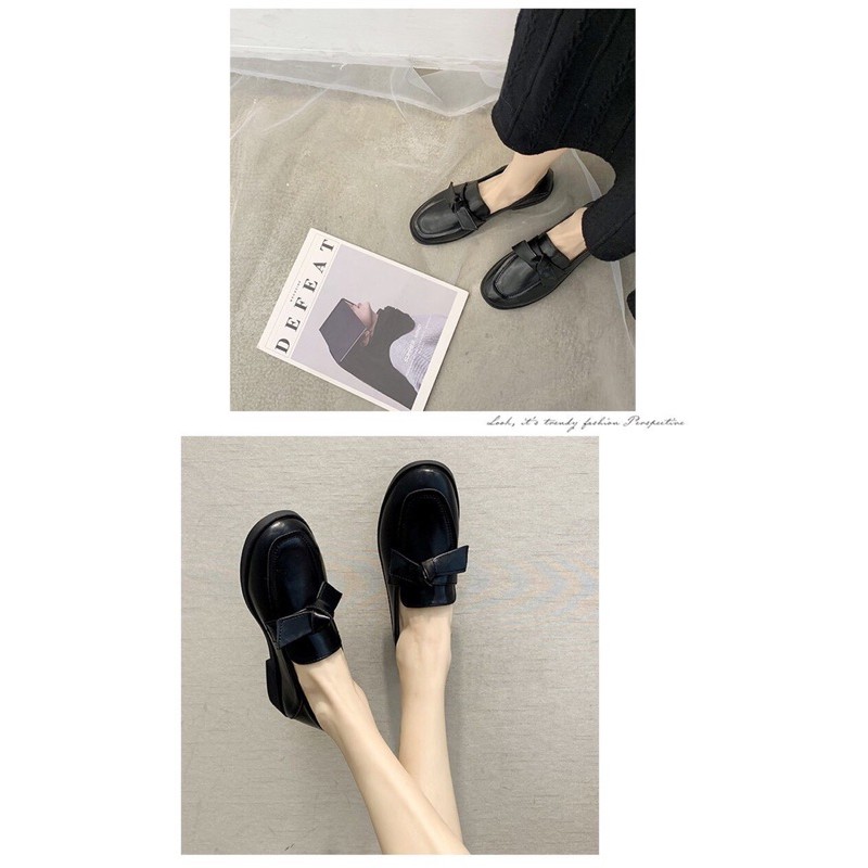 BEESHOES - GIÀY MOKA NỮ MŨI TRÒN HỌA TIẾT NƠ - GIÀY MOKA NỮ MŨI TRÒN ĐẾ VUÔNG CAO 2 PHÂN SẴN MÀU ĐEN 201127