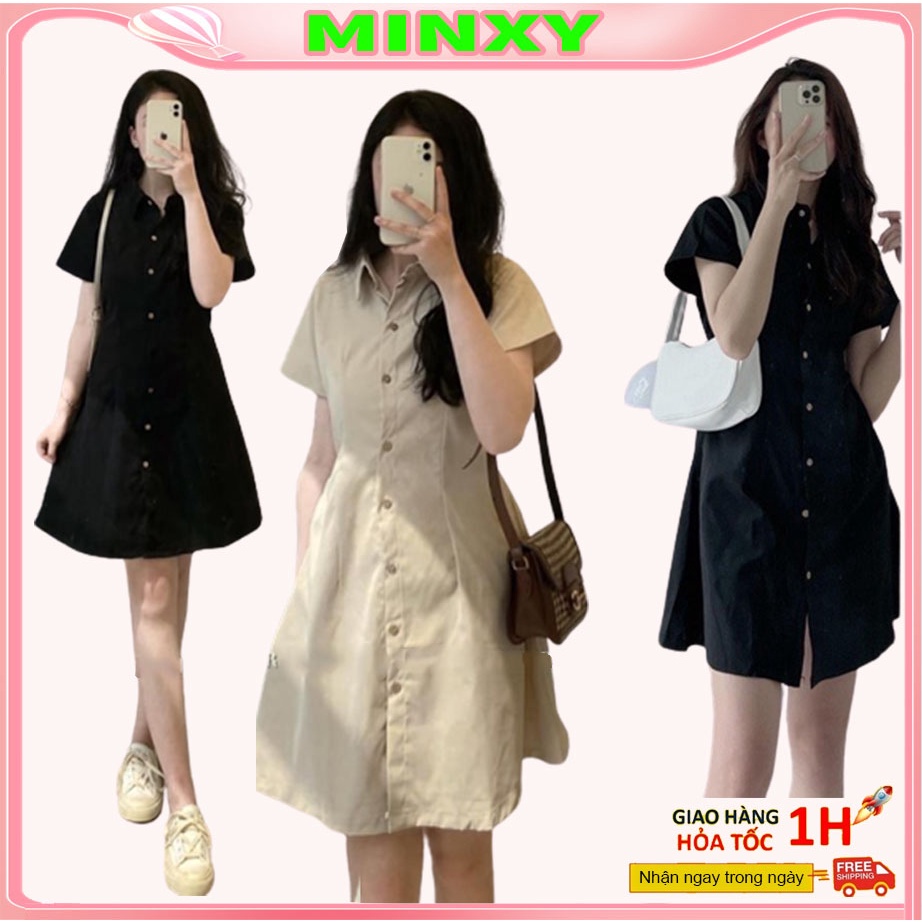 Váy cổ đức cúc dừa chun sau,đầm dáng hơi A có chun sau eo định hình-Minxy shop