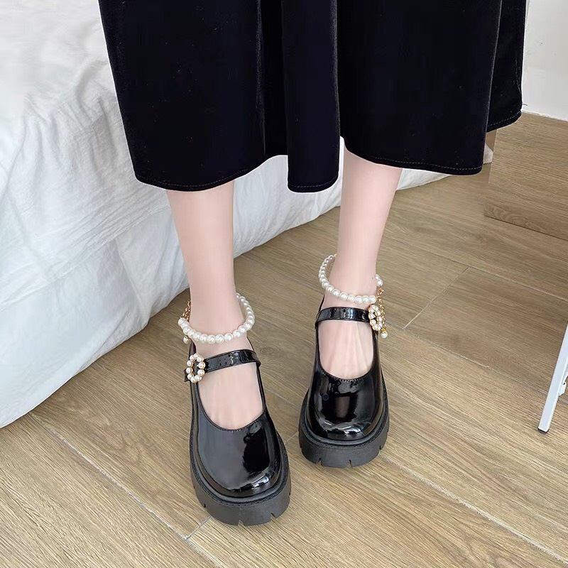 Giày búp bê nữ đế cao 5p gót vuông chất da bóng, Giày oxford nữ mũi tròn quai đính ngọc chất da bóng/ lì hottrend