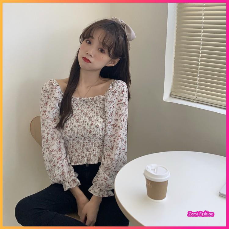 Áo Sơ Mi Nữ, Áo Croptop Bánh Bèo Chất Voan Chiffon Hoạ Tiết Hoa Nhí Ulzzang