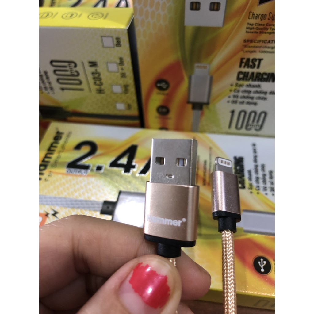 DÂY SẠC NHANH HAMMER C03 chân cắm L , ĐẦU NHÔM-DÂY DÙ, Chính Hãng