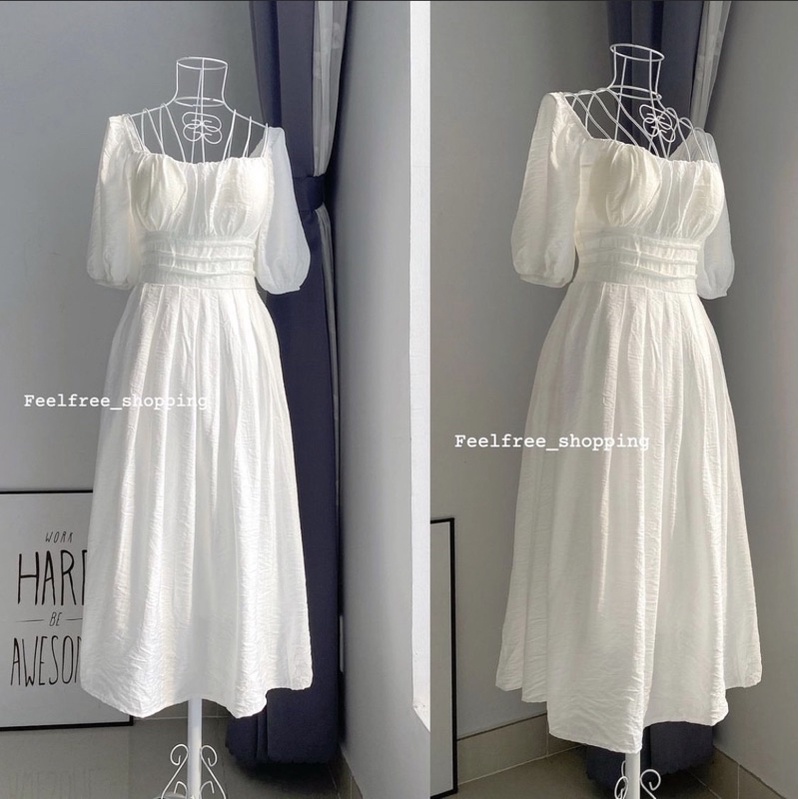 Đầm Trắng Dáng Dài Kèm Mút Ngực Cổ Vuông Hai Lớp Mặc Đi Tiệc, Đi Chơi (Hình Thật) D078