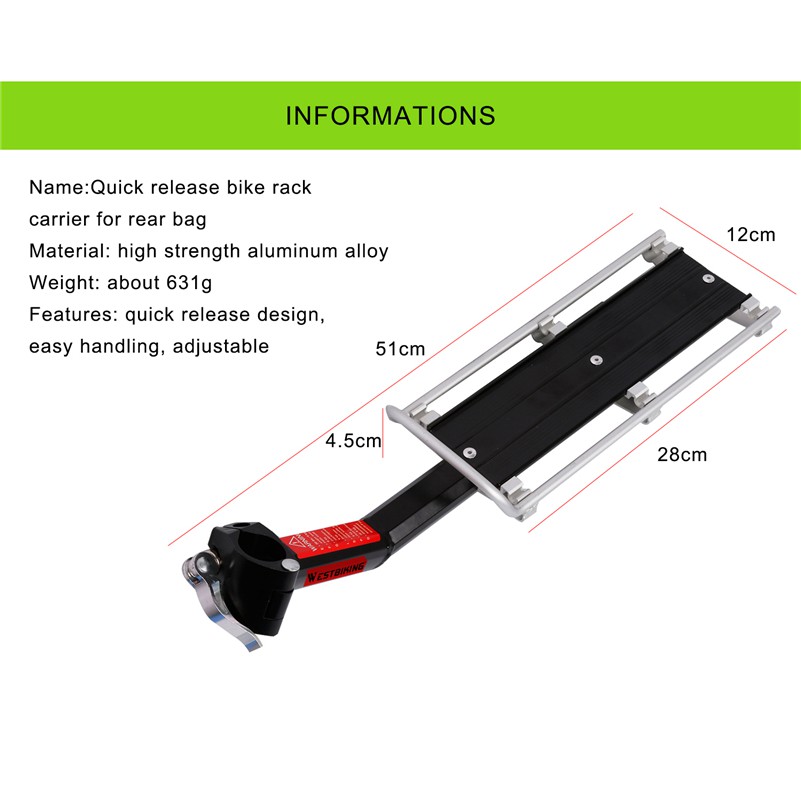 Giá để đồ WEST BIKING gắn ghế sau chở hành lý cho có đai an toàn và đèn hậu an toàn chịu lực 10kg