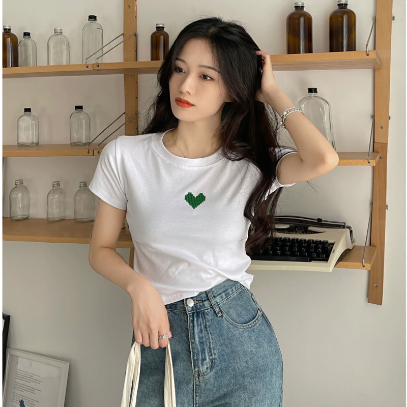 Áo Thun Ngắn Tay Thêu Họa Tiết Trái Tim Nhỏ Xinh Thời Trang Mùa Hè Cho Nữ