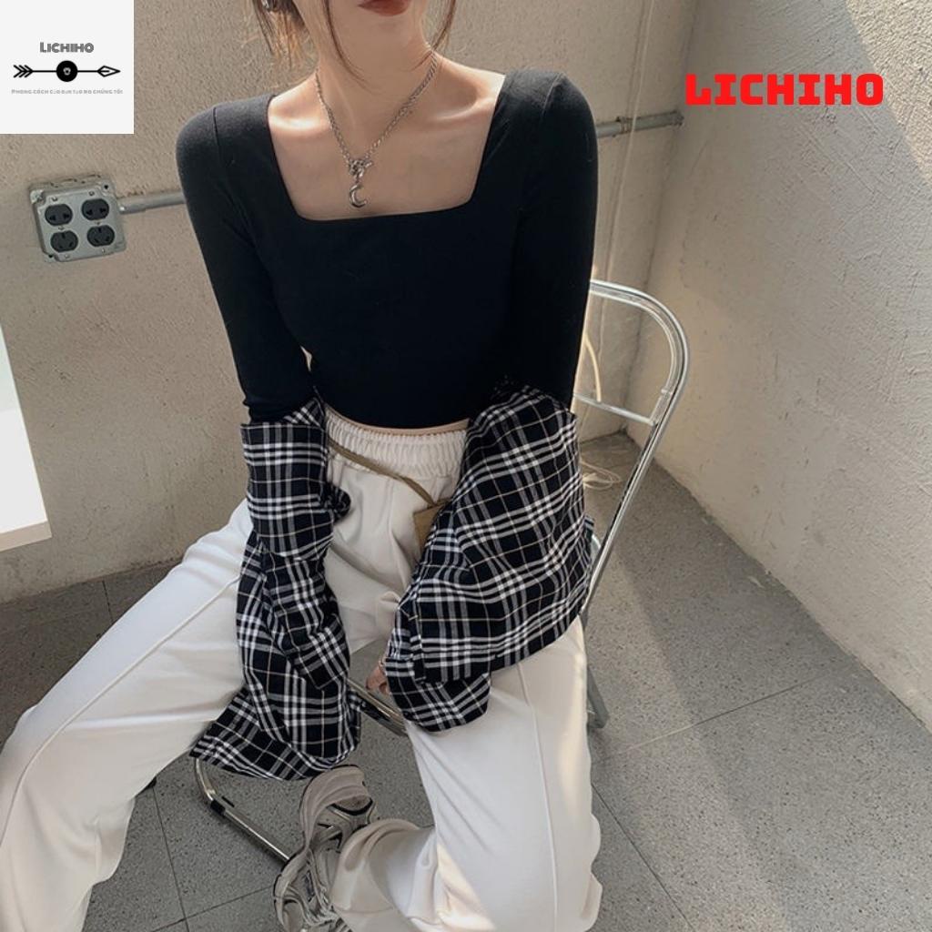 Áo croptop tay dài cổ vuông CT06 LICHIHO áo thun nữ gợi cảm chất vải tốt chất lượng | BigBuy360 - bigbuy360.vn