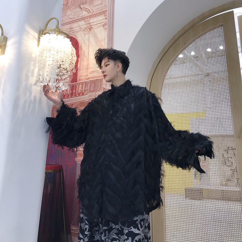 Áo Sơ Mi Dài Tay Xuyên Thấu Hình Lông Vũ Thời Thượng Phong Cách Phương Tây Cho Nam DJ