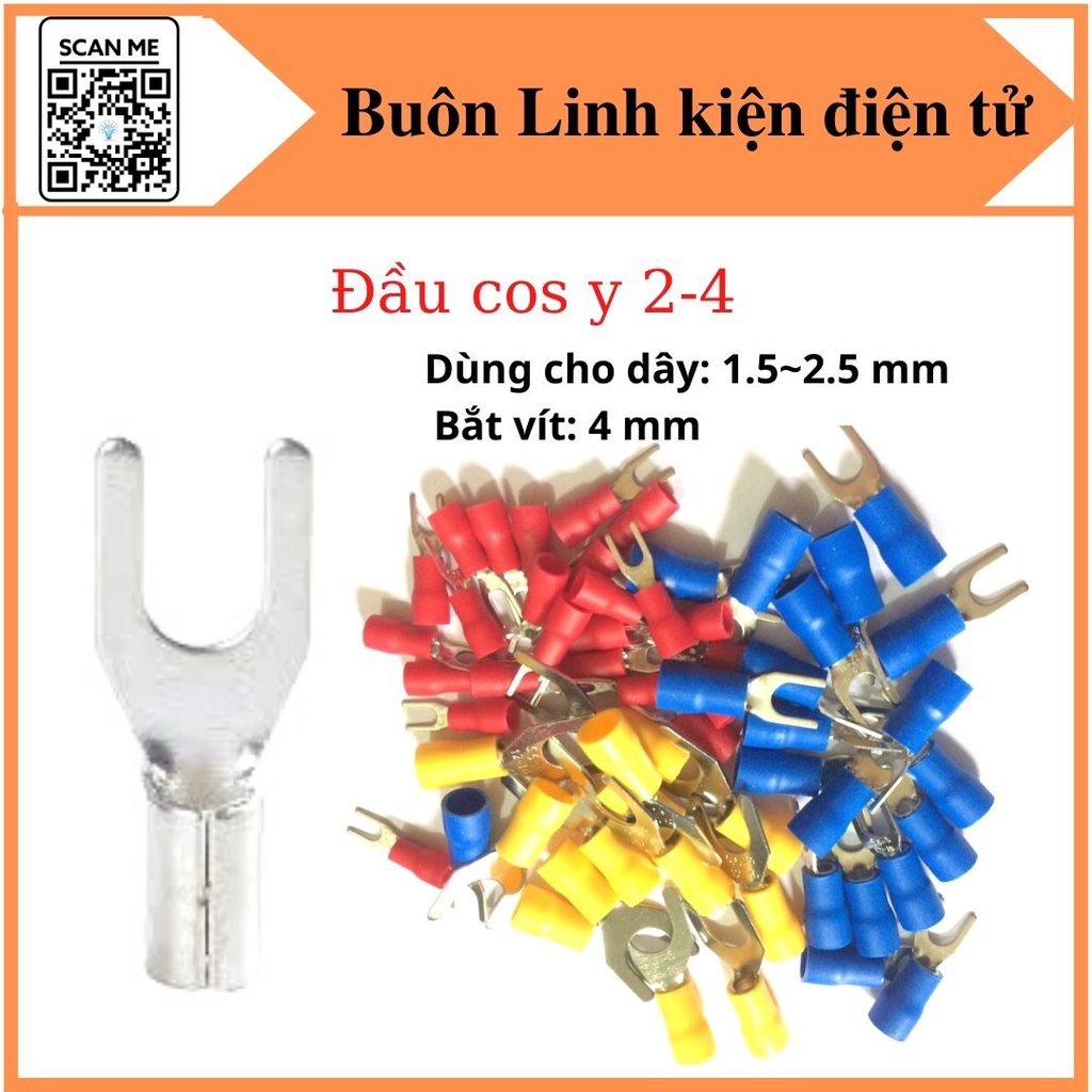 Đầu cos chữ y 2-4, loại trần, bọc nhựa bấm dây 1.5~2.5 mm, cos chỉa