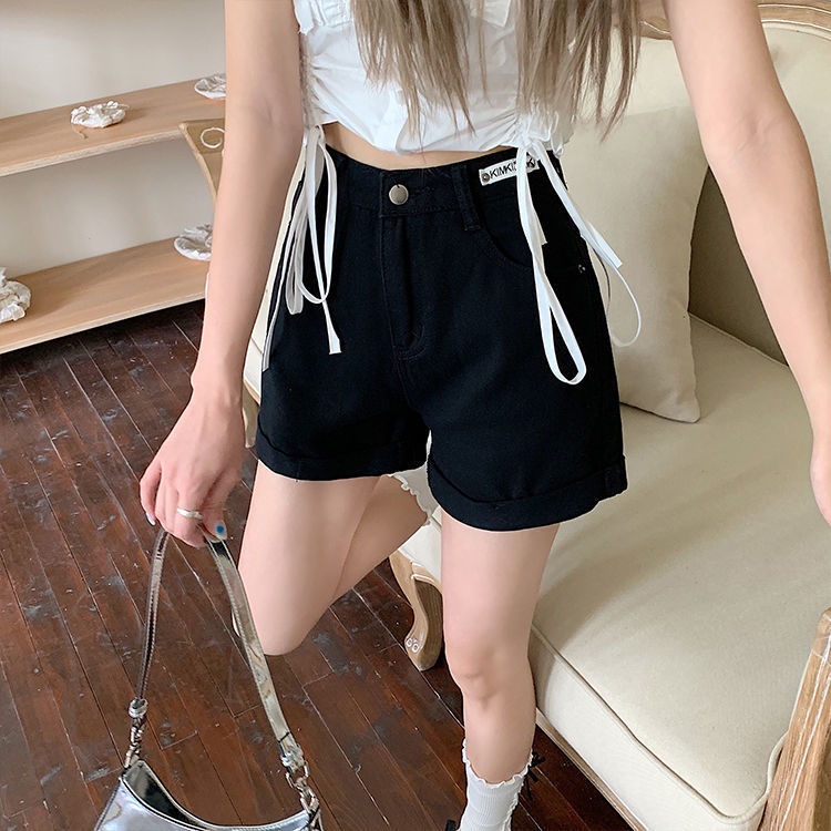 Quần short denim IELGY dáng chữ A ống rộng lưng cao nhiều màu thời trang cho nữ