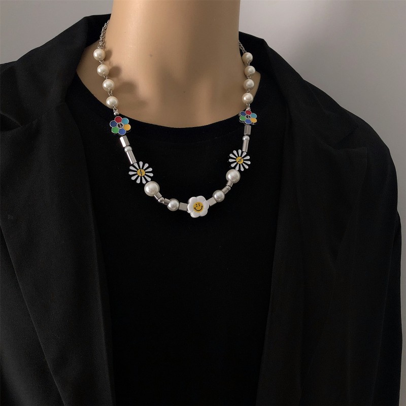 vòng cổ Mặt Hình Hoa Cúc Đính Ngọc Trai Phong Cách Hip Hop