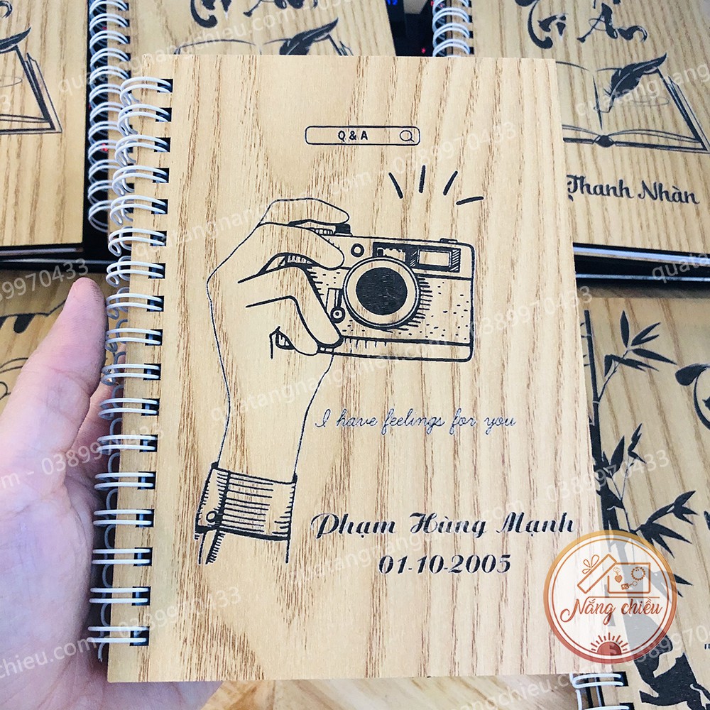 NOTEBOOK cá nhân - Sổ tay bìa gỗ khắc hình máy ảnh xịn xò - Khắc tên theo yêu cầu
