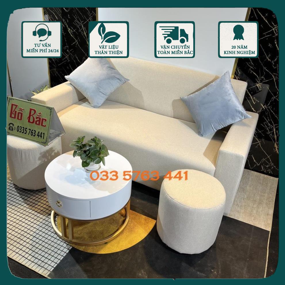 GIÁ GỐC - Chọn bộ ghế sofa khung gỗ tự nhiên bọc nỉ nhung màu sắc tùy chọn, có kèm bàn trà trắng tròn chân gỗ
