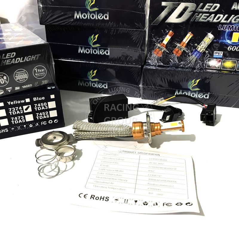 Đèn pha led xe máy Motoled 2in1 chân T19 H4 có râu tản nhiệt 6000 lumen siêu sáng