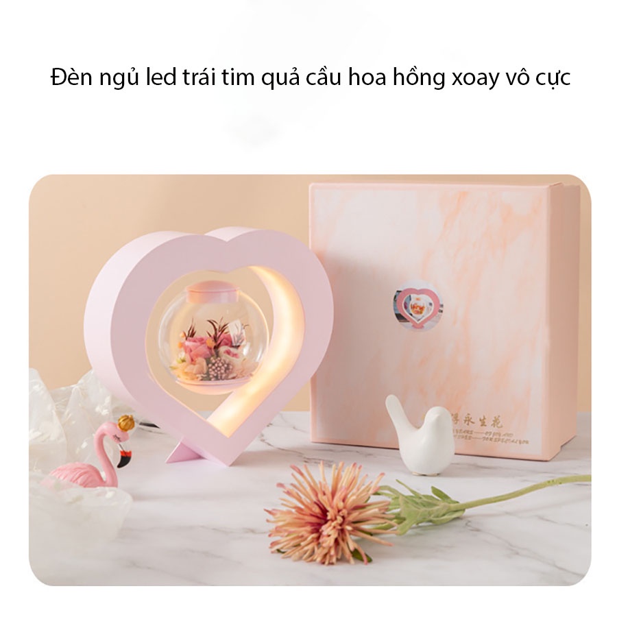 Đèn led trái tim quả cầu hoa hồng xoay vô cực, đèn ngủ cảm ứng xoay 360 độ