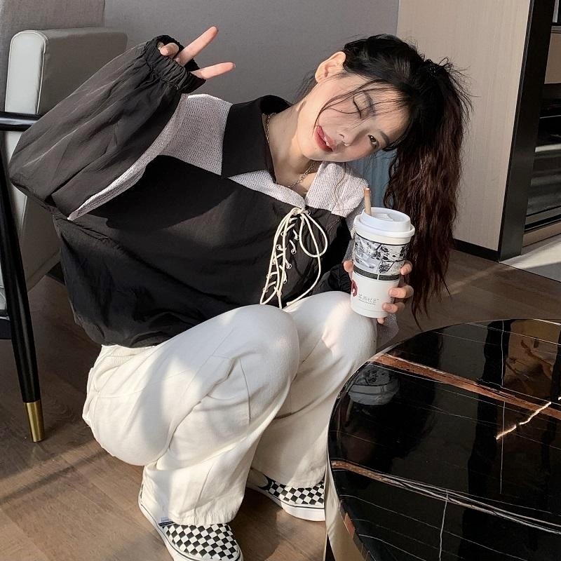 Áo Sweater chui đầu tay dài cổ bẻ phối ren thiết kế lệch tà kiểu Hàn Quốc mới cho nữ