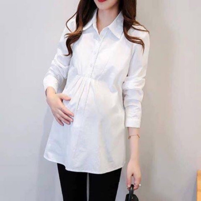 Áo Bầu sơ mi trắng dài tay - ẢNH THẬT - chất mềm đẹp - form mặc đến sinh