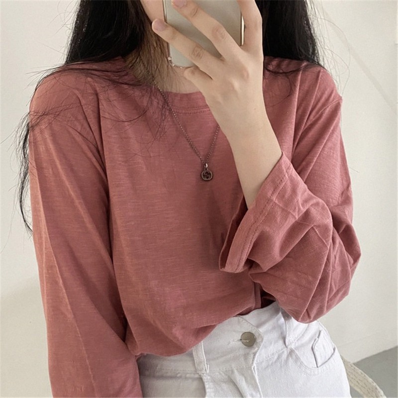 Xiaozhainv Áo thun dáng suông tay dài màu trơn thời trang cho nữ