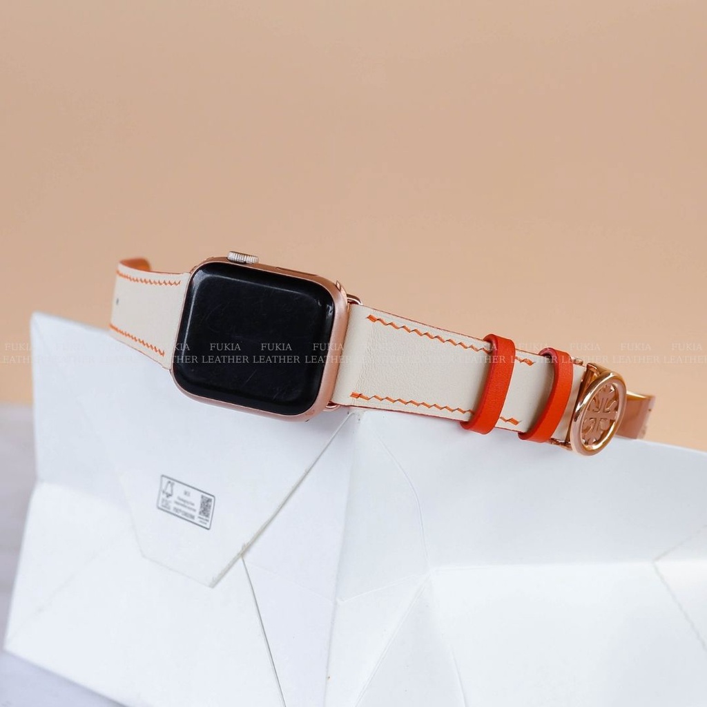 Dây da thủ công Swift Trắng Mix Cam dành cho Apple Watch, đồng hồ thông minh, đồng hồ cơ