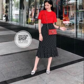 Sét bộ áo thun in chữ + chân váy chấm bi xòe