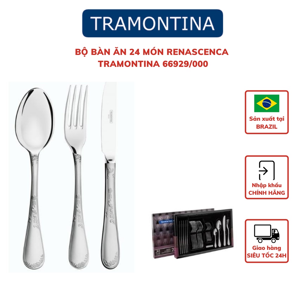 Bộ Dao Dĩa Ăn Bít Tết Tramontina Renascenca Gồm 24 Món Cán Khắc Họa Tiết Cao Cấp Dày Dặn Sáng Bóng Sản Xuất Tại Brazil