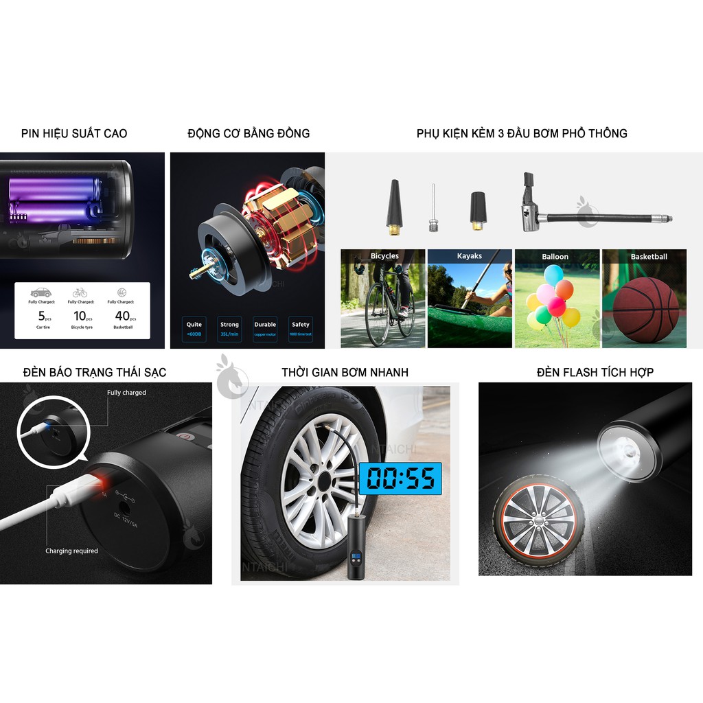 Máy Bơm Điện Tử Cầm Tay Thông Minh Đa Năng | Bơm Lốp Ô Tô , Xe Máy,Bóng...Tích Hợp Đèn Flash, Pin Lithium Có Thể Sạc Lại