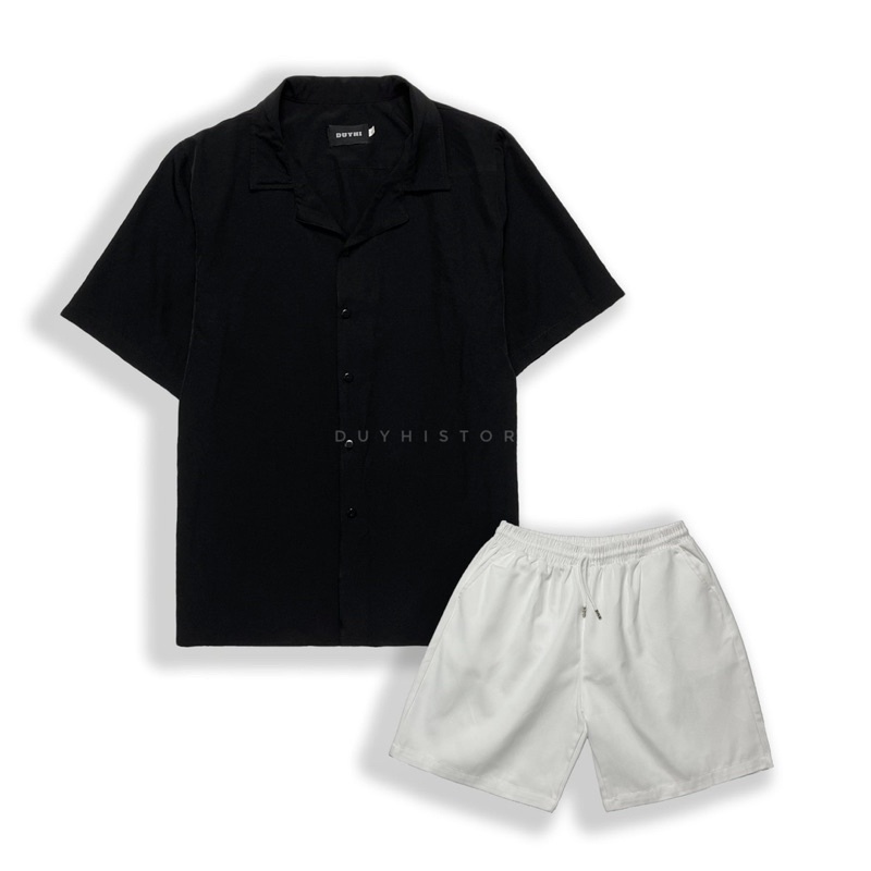 Áo sơ mi cộc tay ĐEN TRƠN họa tiết unisex form rộng | DUYHI | Ảnh thật