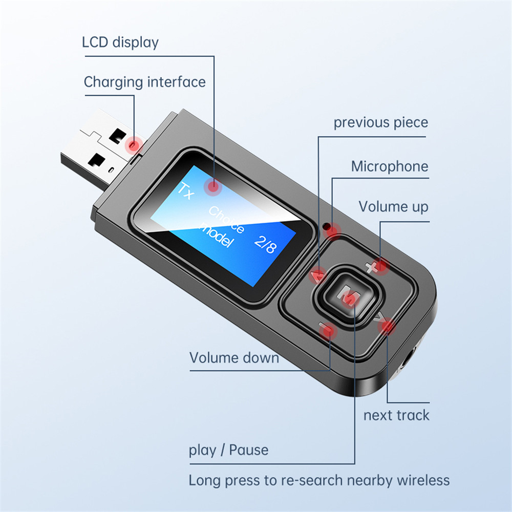 Usb Bluetooth 5.0 Không Dây 2 Trong 1 Với Màn Hình Lcd