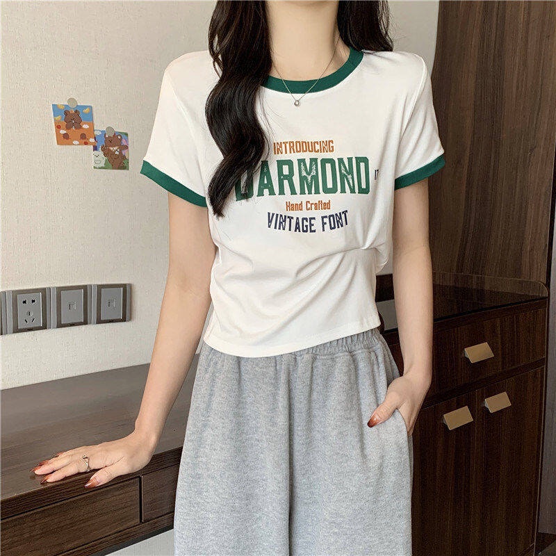 Áo thun IELGY dáng ôm ngắn tay màu trơn in chữ thời trang hè cho nữ