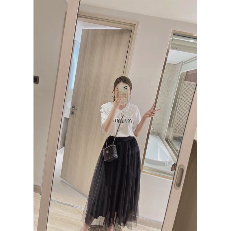 Sét áo phông cổ bèo ren nơ mix chân váy dập ly 2 lớp cực xinh luôn ạ Chất áo cotton tàu | BigBuy360 - bigbuy360.vn