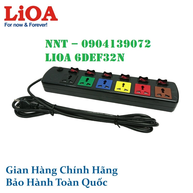 Ổ cắm điện lioa 6 lỗ 6 công tắc, 6D ON-OF có nắp che dây dài 3m x 2 lõi đồng (6DOF32N)