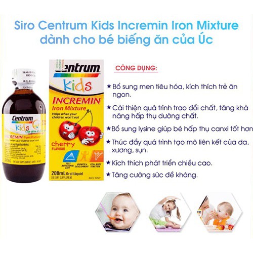 [Chính hãng Úc] Dành Cho Trẻ Biếng Ăn Siro Centrum Kids Incremin Iron Mixture Của Úc 200ml -Date mới
