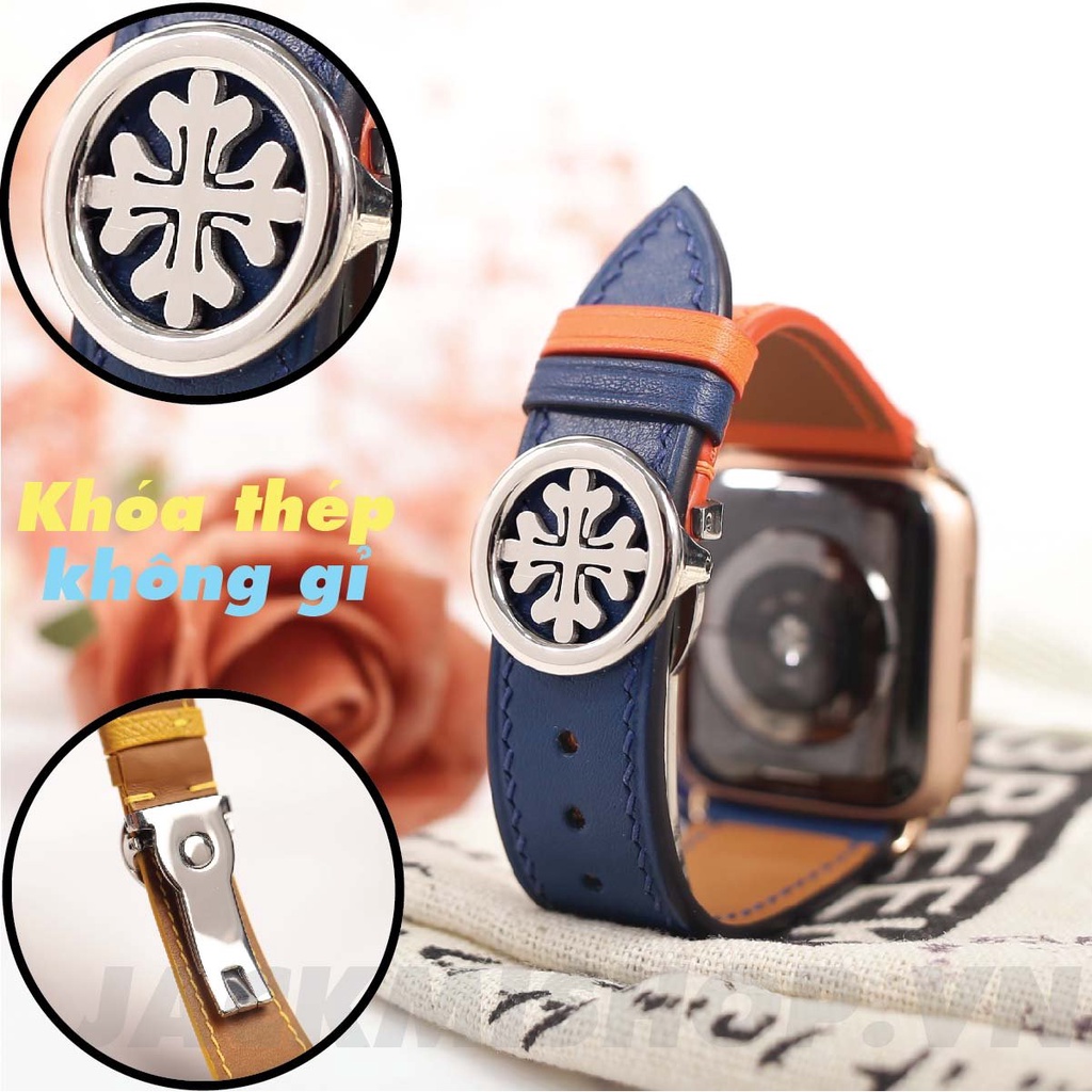 [DÂY DA THẬT] DÂY DA BÊ SWIFT MAY TAY THỦ CÔNG MÀU CAM/NAVY KHÓA PATEK CHO APPLE WATCH SERIES 1=&gt;6 (BẢO HÀNH 1 NĂM)