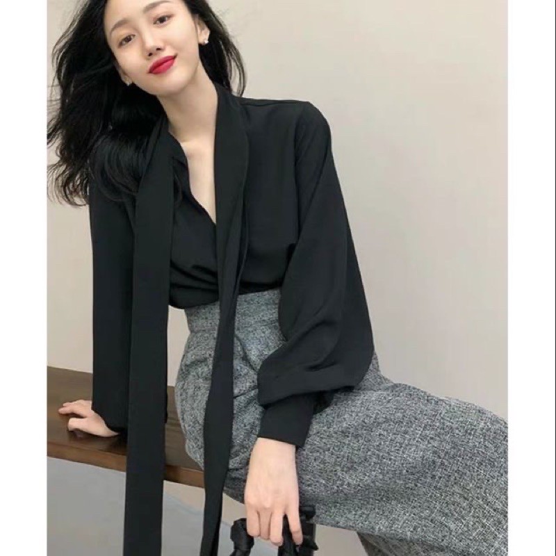 Sơ mi nữ cổ buộc nơ 2 màu đen trắng cao cấp